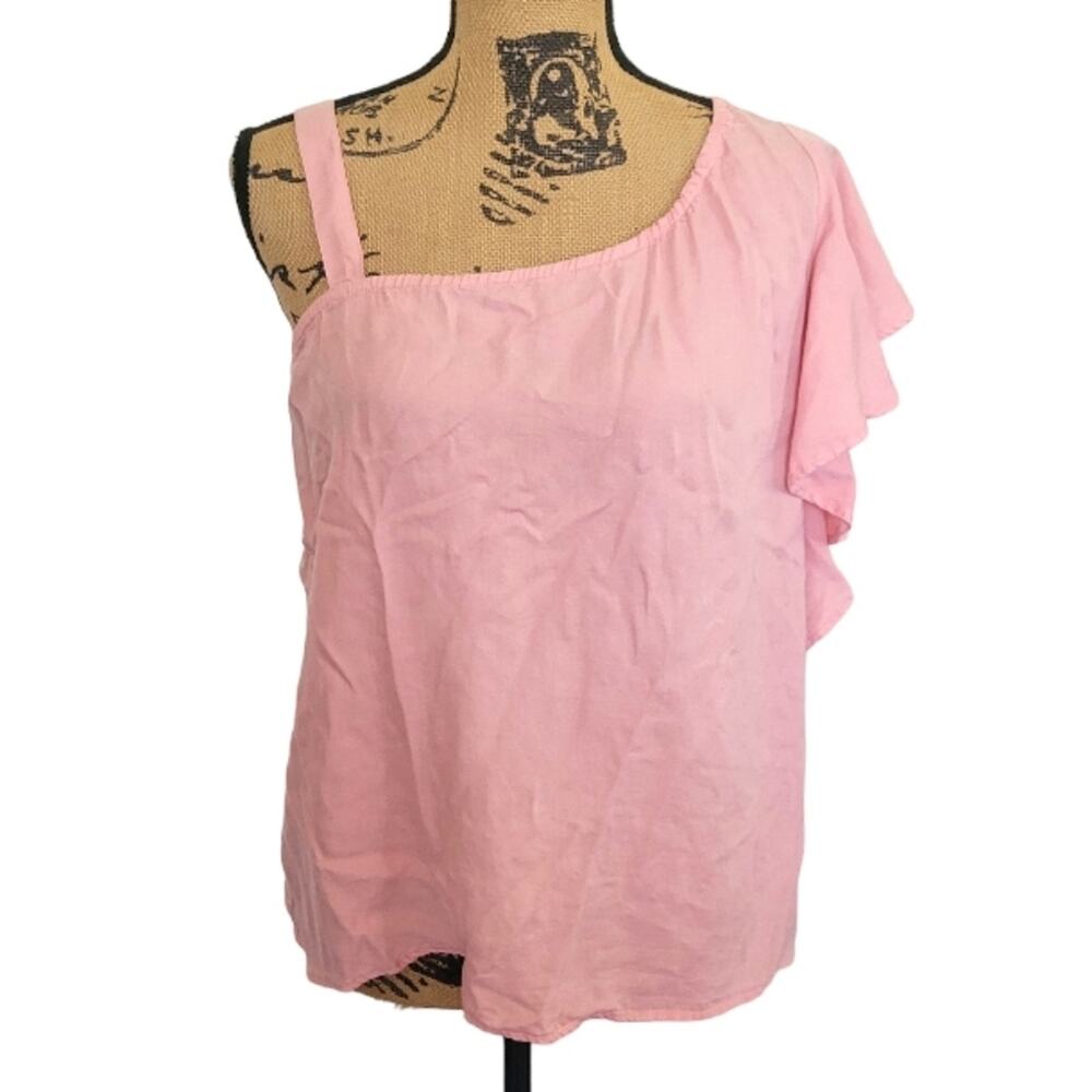 Small Linea Donna bubblegum pink one shoulder ruffled asymmetrical blouse